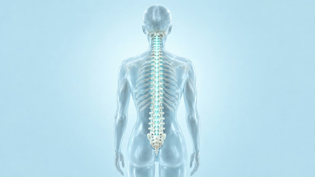 Illustration of a glass human figure seen from behind, with the spine lit from the base of the skull to the sacrum.
